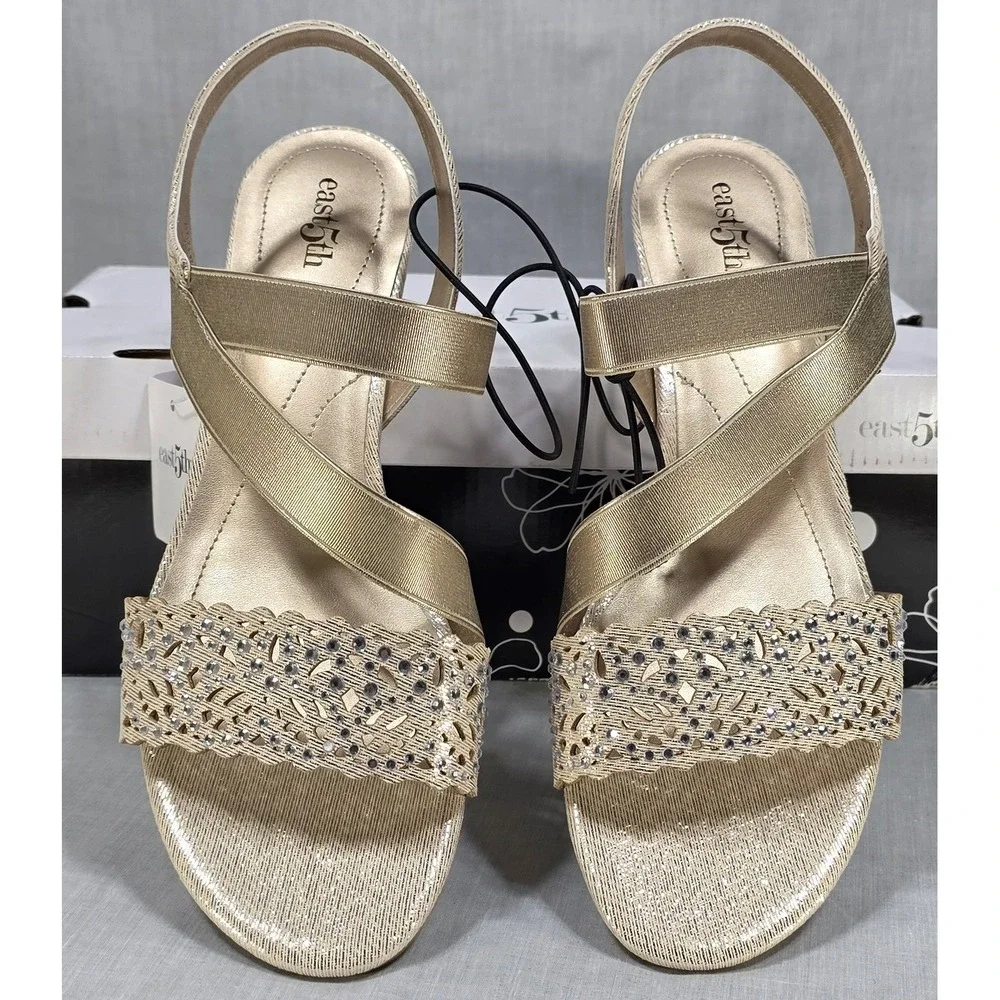 East‎ 5th Gladie Gold Wedge Sandals Rhinestone Dress Shoes Womens 8.5M 106-0208